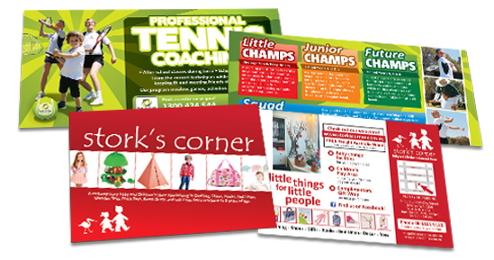 A display of bright and colourful marketing and promotional cards